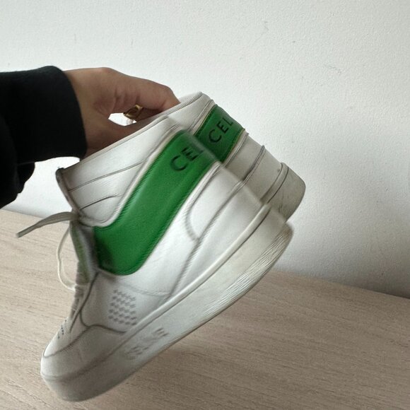 Celine CT-03 High Top Sneakers Sz 37 Optic White & Green Calfskin Leather - Picture 7 of 14